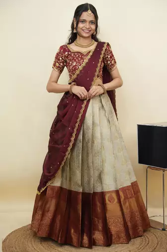 South Indian Style Half Saree With Embroidery Work Blouse & Dupatta for Women