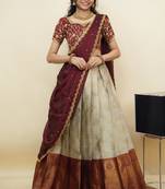 South Indian Style Half Saree With Embroidery Work Blouse & Dupatta for Women