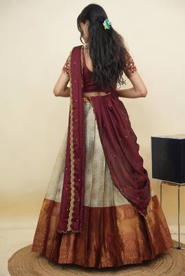 South Indian Style Half Saree With Embroidery Work Blouse & Dupatta for Women 2