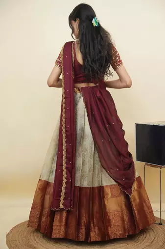 South Indian Style Half Saree With Embroidery Work Blouse & Dupatta for Women