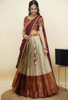 South Indian Style Half Saree With Embroidery Work Blouse & Dupatta for Women 3