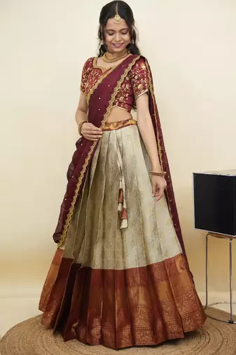 South Indian Style Half Saree With Embroidery Work Blouse & Dupatta for Women