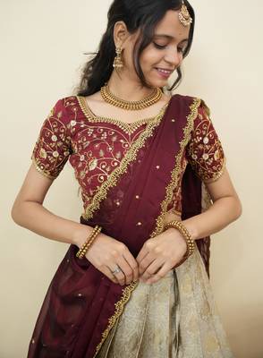 South Indian Style Half Saree With Embroidery Work Blouse & Dupatta for Women 4