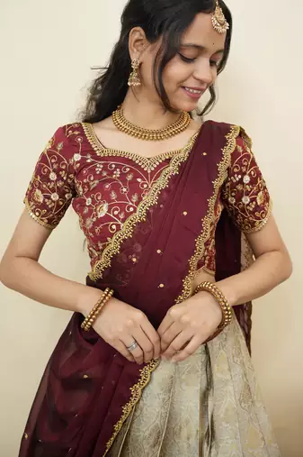 South Indian Style Half Saree With Embroidery Work Blouse & Dupatta for Women