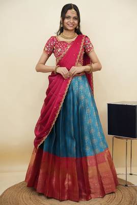 South Indian Style Half Saree With Embroidery Work Blouse & Dupatta for Women 1