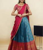 South Indian Style Half Saree With Embroidery Work Blouse & Dupatta for Women