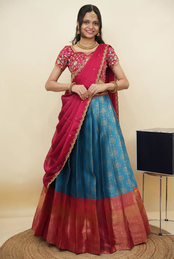 South Indian Style Half Saree With Embroidery Work Blouse & Dupatta for Women