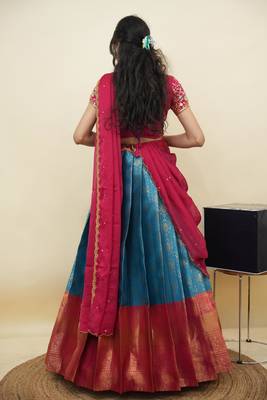 South Indian Style Half Saree With Embroidery Work Blouse & Dupatta for Women 2
