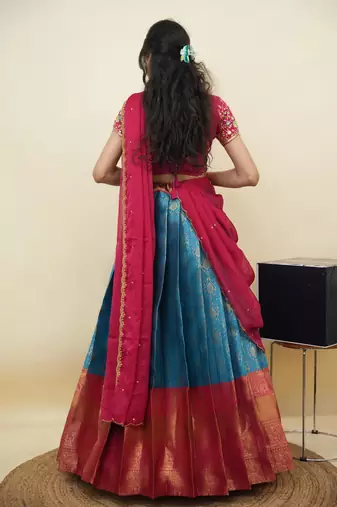 South Indian Style Half Saree With Embroidery Work Blouse & Dupatta for Women