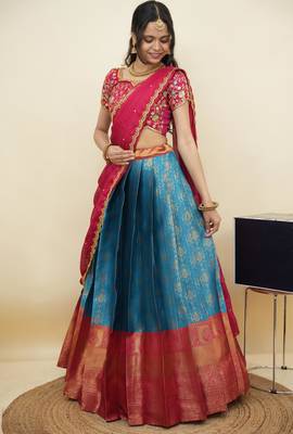 South Indian Style Half Saree With Embroidery Work Blouse & Dupatta for Women 3