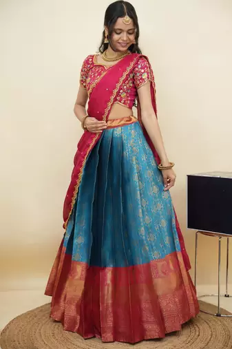 South Indian Style Half Saree With Embroidery Work Blouse & Dupatta for Women