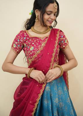 South Indian Style Half Saree With Embroidery Work Blouse & Dupatta for Women 4