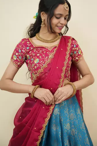South Indian Style Half Saree With Embroidery Work Blouse & Dupatta for Women