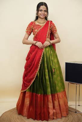 South Indian Style Half Saree With Embroidery Work Blouse & Dupatta for Women 1
