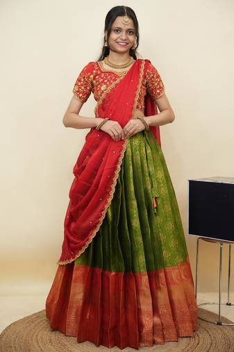 South Indian Style Half Saree With Embroidery Work Blouse & Dupatta for Women