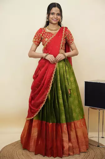 South Indian Style Half Saree With Embroidery Work Blouse & Dupatta for Women