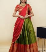 South Indian Style Half Saree With Embroidery Work Blouse & Dupatta for Women