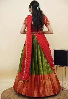 South Indian Style Half Saree With Embroidery Work Blouse & Dupatta for Women 2