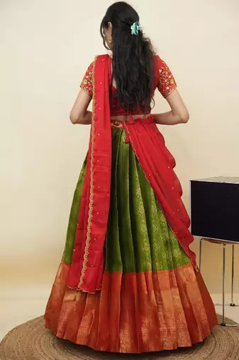 South Indian Style Half Saree With Embroidery Work Blouse & Dupatta for Women