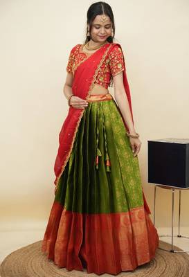 South Indian Style Half Saree With Embroidery Work Blouse & Dupatta for Women 3