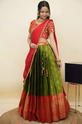 South Indian Style Half Saree With Embroidery Work Blouse & Dupatta for Women