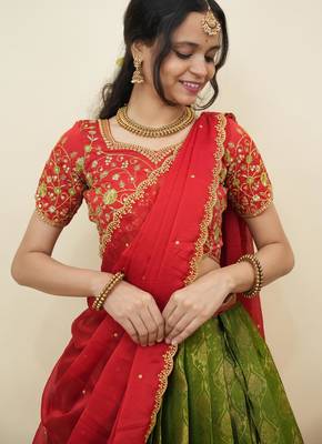 South Indian Style Half Saree With Embroidery Work Blouse & Dupatta for Women 4