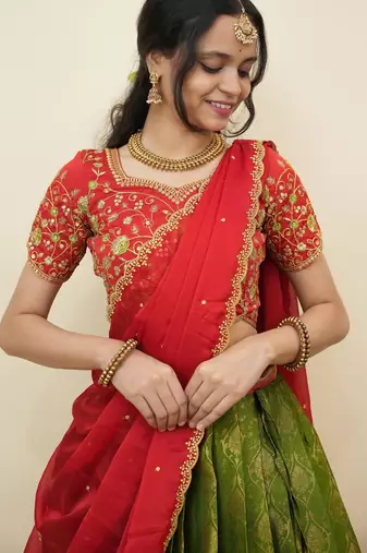 South Indian Style Half Saree With Embroidery Work Blouse & Dupatta for Women