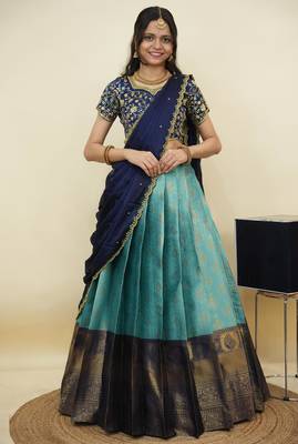 South Indian Style Half Saree With Embroidery Work Blouse & Dupatta for Women 1