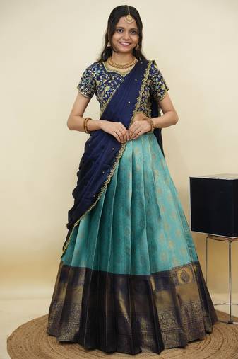 South Indian Style Half Saree With Embroidery Work Blouse & Dupatta for Women