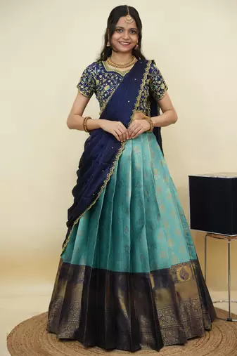 South Indian Style Half Saree With Embroidery Work Blouse & Dupatta for Women