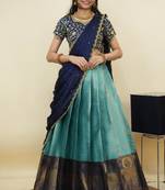 South Indian Style Half Saree With Embroidery Work Blouse & Dupatta for Women