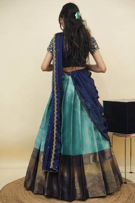 South Indian Style Half Saree With Embroidery Work Blouse & Dupatta for Women 2