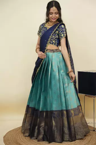 South Indian Style Half Saree With Embroidery Work Blouse & Dupatta for Women