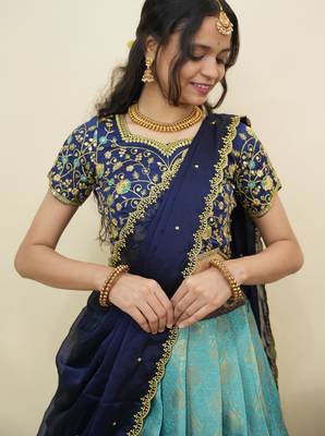 South Indian Style Half Saree With Embroidery Work Blouse & Dupatta for Women 4