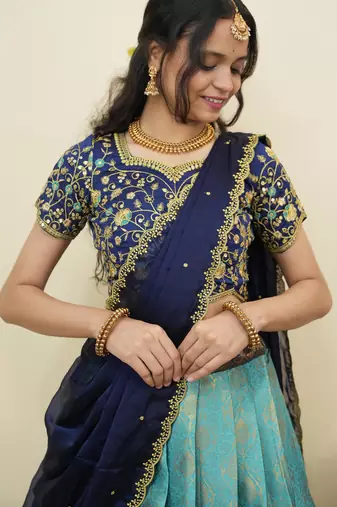 South Indian Style Half Saree With Embroidery Work Blouse & Dupatta for Women