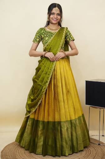 South Indian Style Half Saree With Embroidery Work Blouse & Dupatta for Women