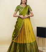 South Indian Style Half Saree With Embroidery Work Blouse & Dupatta for Women