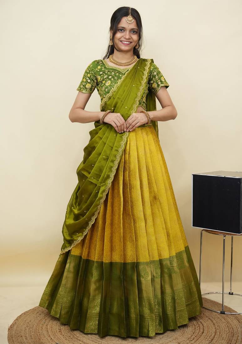 South Indian Style Half Saree With Embroidery Work Blouse & Dupatta for Women