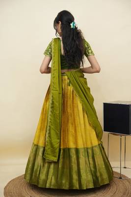 South Indian Style Half Saree With Embroidery Work Blouse & Dupatta for Women 2
