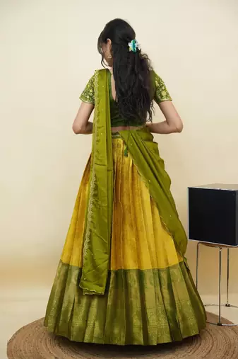 South Indian Style Half Saree With Embroidery Work Blouse & Dupatta for Women