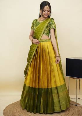 South Indian Style Half Saree With Embroidery Work Blouse & Dupatta for Women 3
