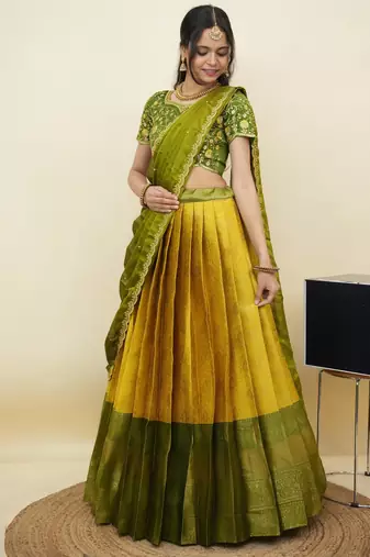 South Indian Style Half Saree With Embroidery Work Blouse & Dupatta for Women