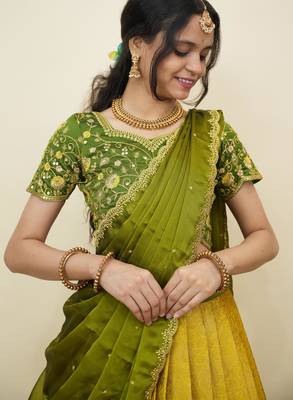 South Indian Style Half Saree With Embroidery Work Blouse & Dupatta for Women 4