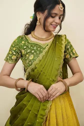 South Indian Style Half Saree With Embroidery Work Blouse & Dupatta for Women