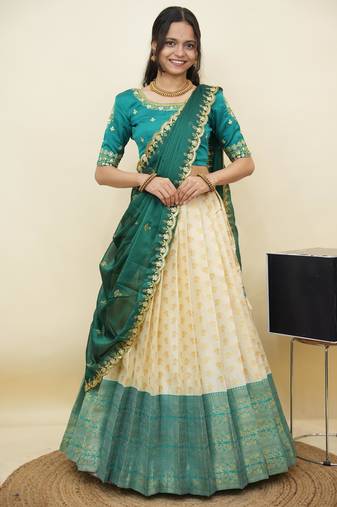 South Indian Style Half Saree With Embroidery Work Blouse & Dupatta for Women