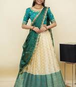 South Indian Style Half Saree With Embroidery Work Blouse & Dupatta for Women