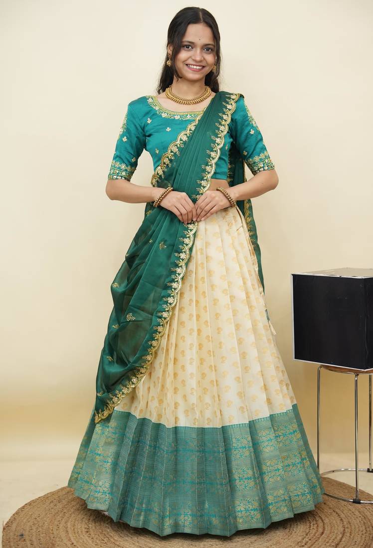 South Indian Style Half Saree With Embroidery Work Blouse & Dupatta for Women