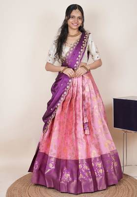 South Indian Style Half Saree With Beads & Hand Work Blouse & Dupatta for Women 1