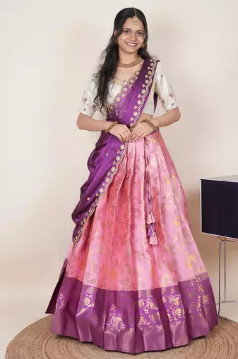 South Indian Style Half Saree With Beads & Hand Work Blouse & Dupatta for Women