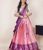 South Indian Style Half Saree With Beads & Hand Work Blouse & Dupatta for Women